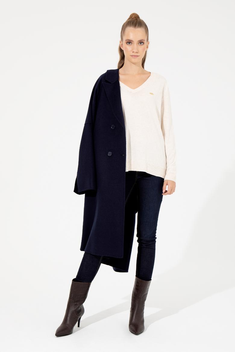 Kadın Krem Melanj  V Yaka Basic Kazak - 50251912065