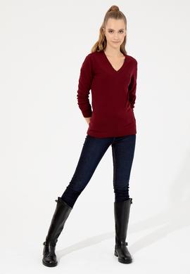 Kadın Bordo V Yaka  Basic Kazak - 50251913018