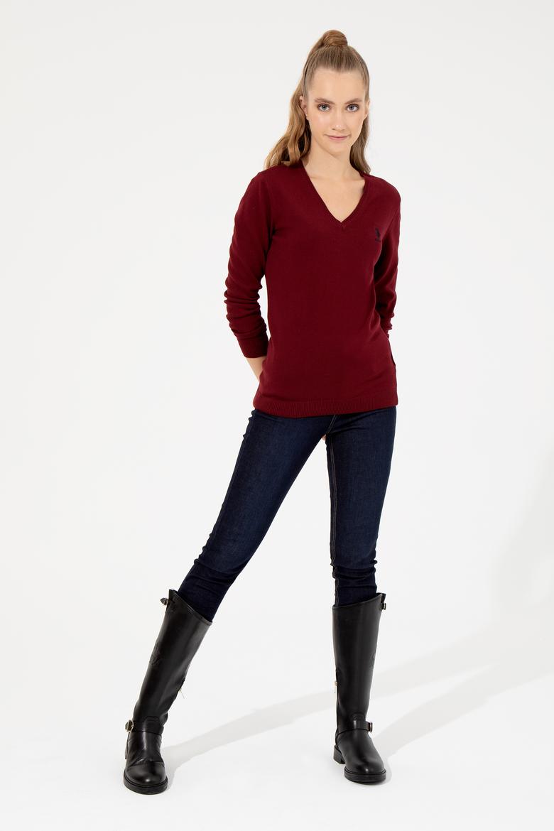 Kadın Bordo V Yaka  Basic Kazak - 50251913018