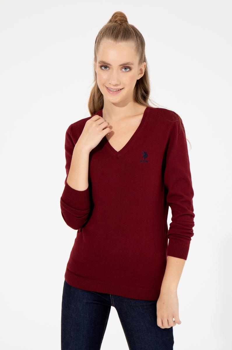 Kadın Bordo V Yaka  Basic Kazak