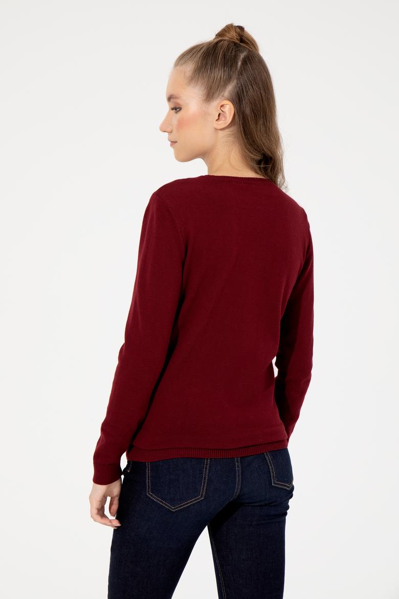 Kadın Bordo V Yaka  Basic Kazak - 50251913018