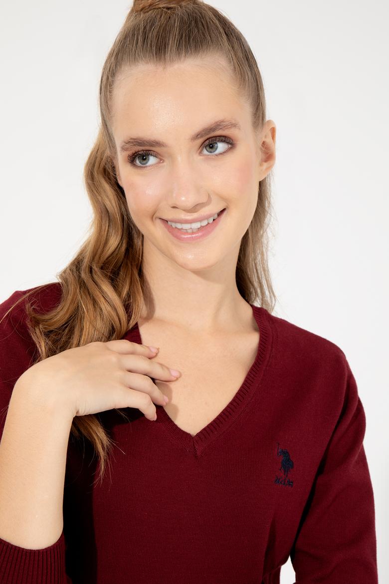 Kadın Bordo V Yaka  Basic Kazak - 50251913018