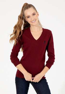 Kadın Bordo V Yaka  Basic Kazak - 50251913018