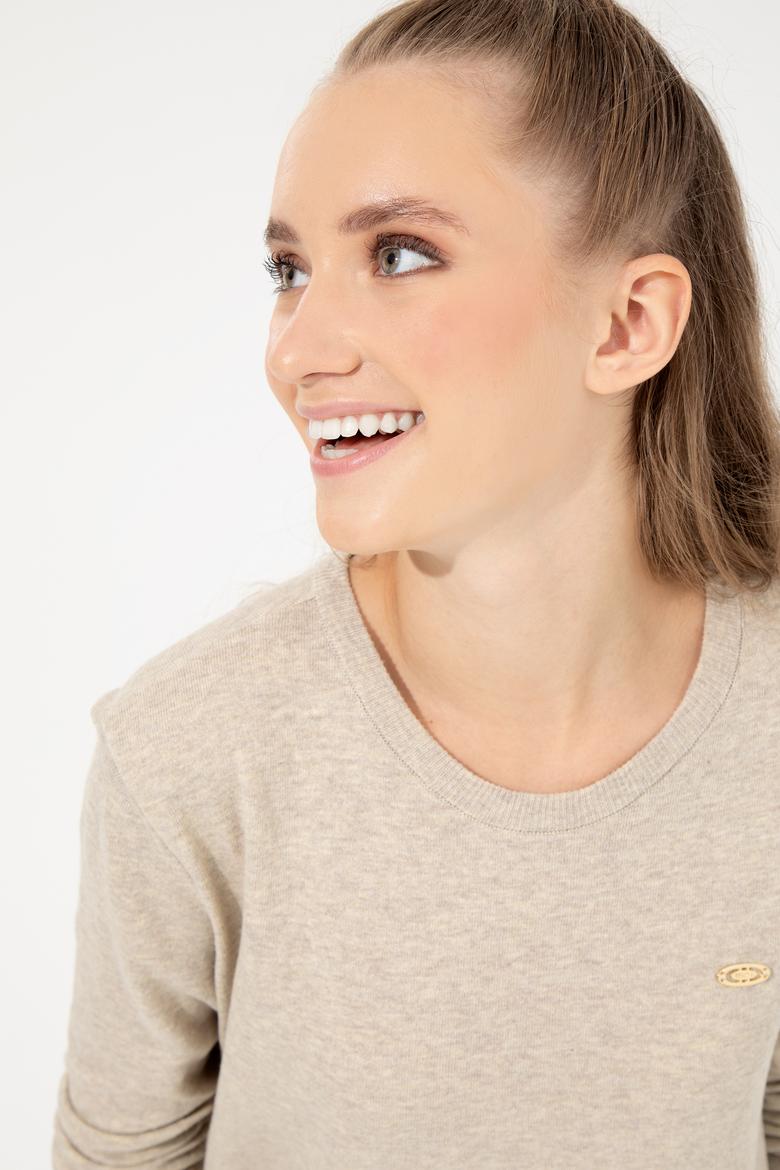 Kadın Taş Melanj  Bisiklet Yaka Basic Kazak - 50251905146