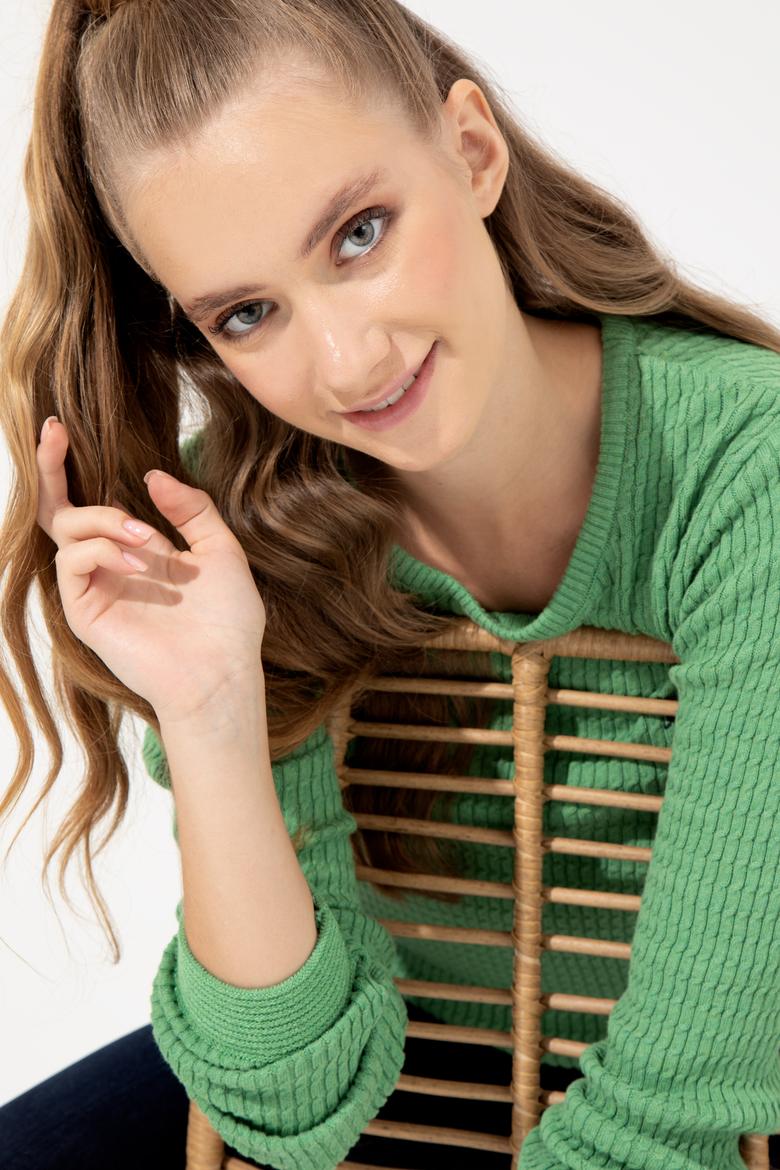 Kadın Mint Melanj Basic Bisiklet Yaka Kazak - 50255658072