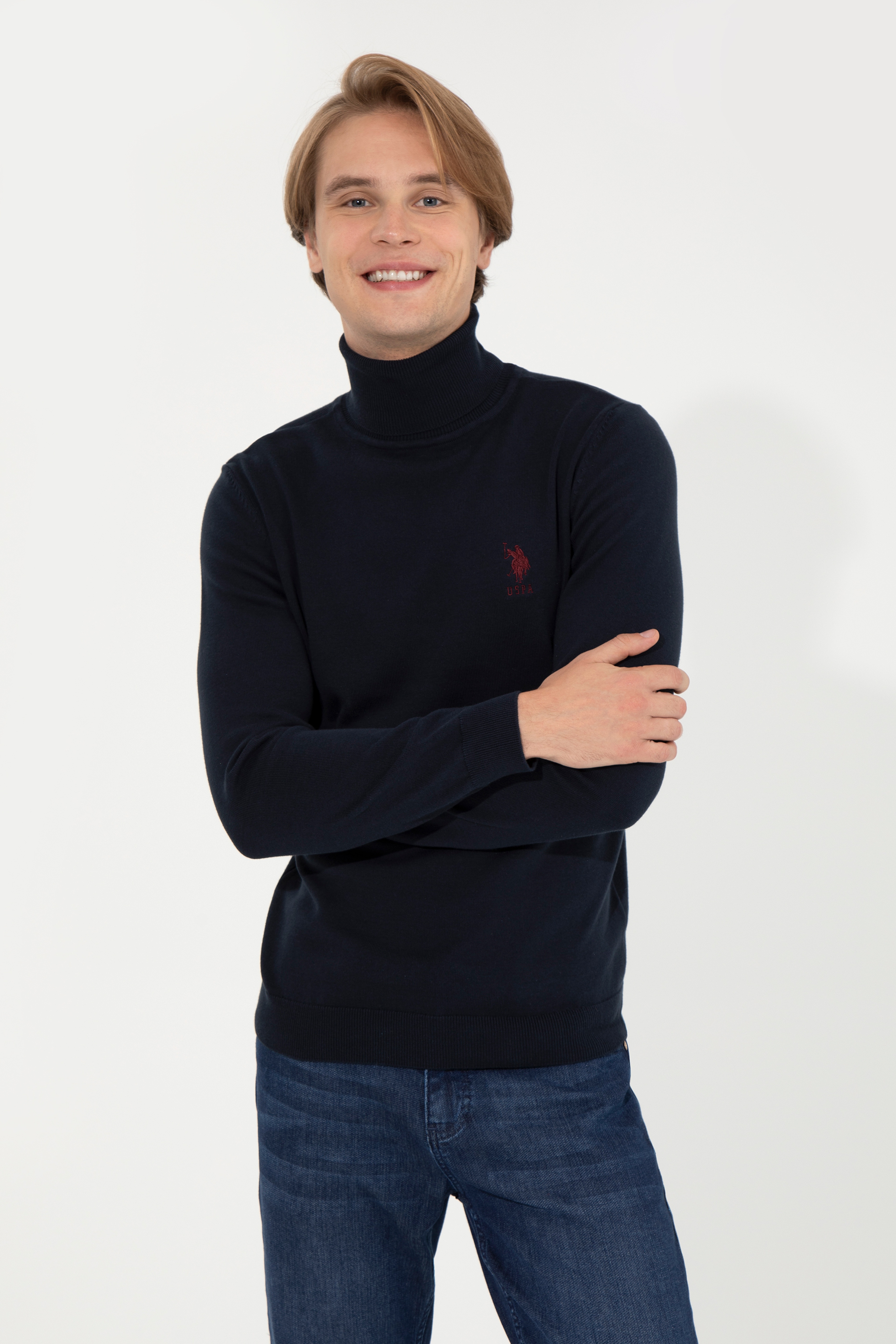 Erkek Lacivert Balıkçı Yaka Basic Triko Kazak - Image 1