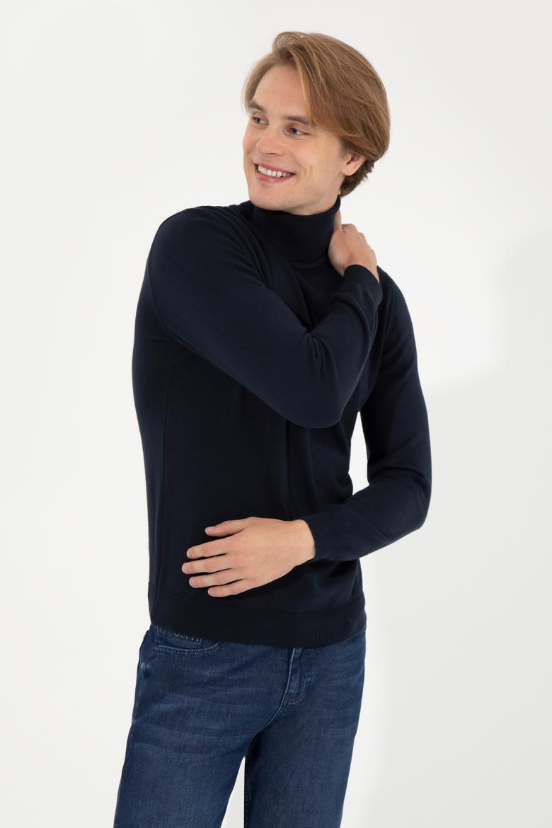 Erkek Lacivert Balıkçı Yaka Basic Triko Kazak - 50251874021