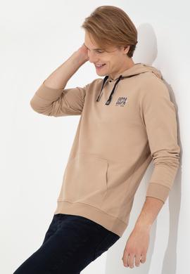 Erkek Camel Kapüşonlu Basic Sweatshirt - 50257225106