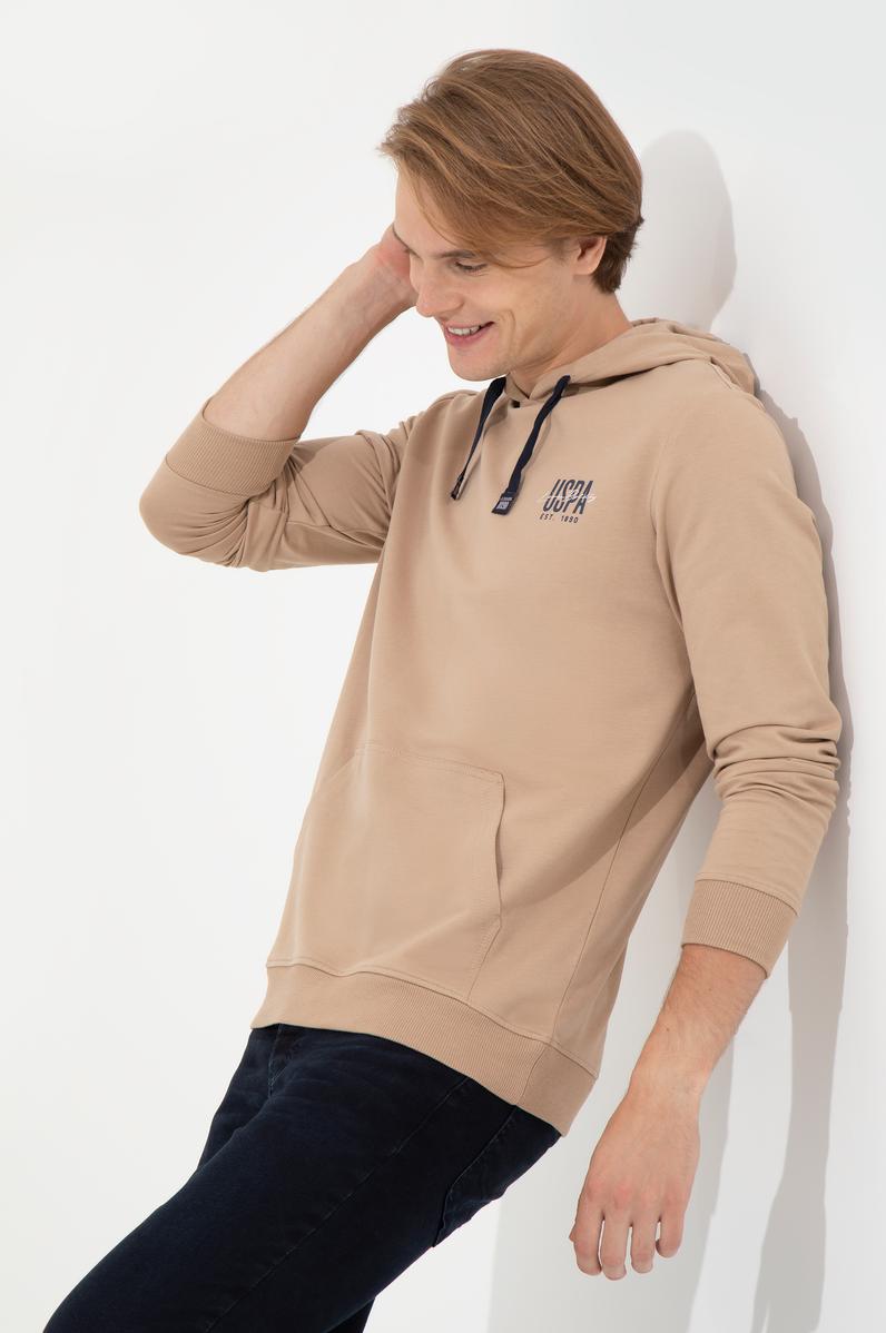 Erkek Camel Kapüşonlu Basic Sweatshirt