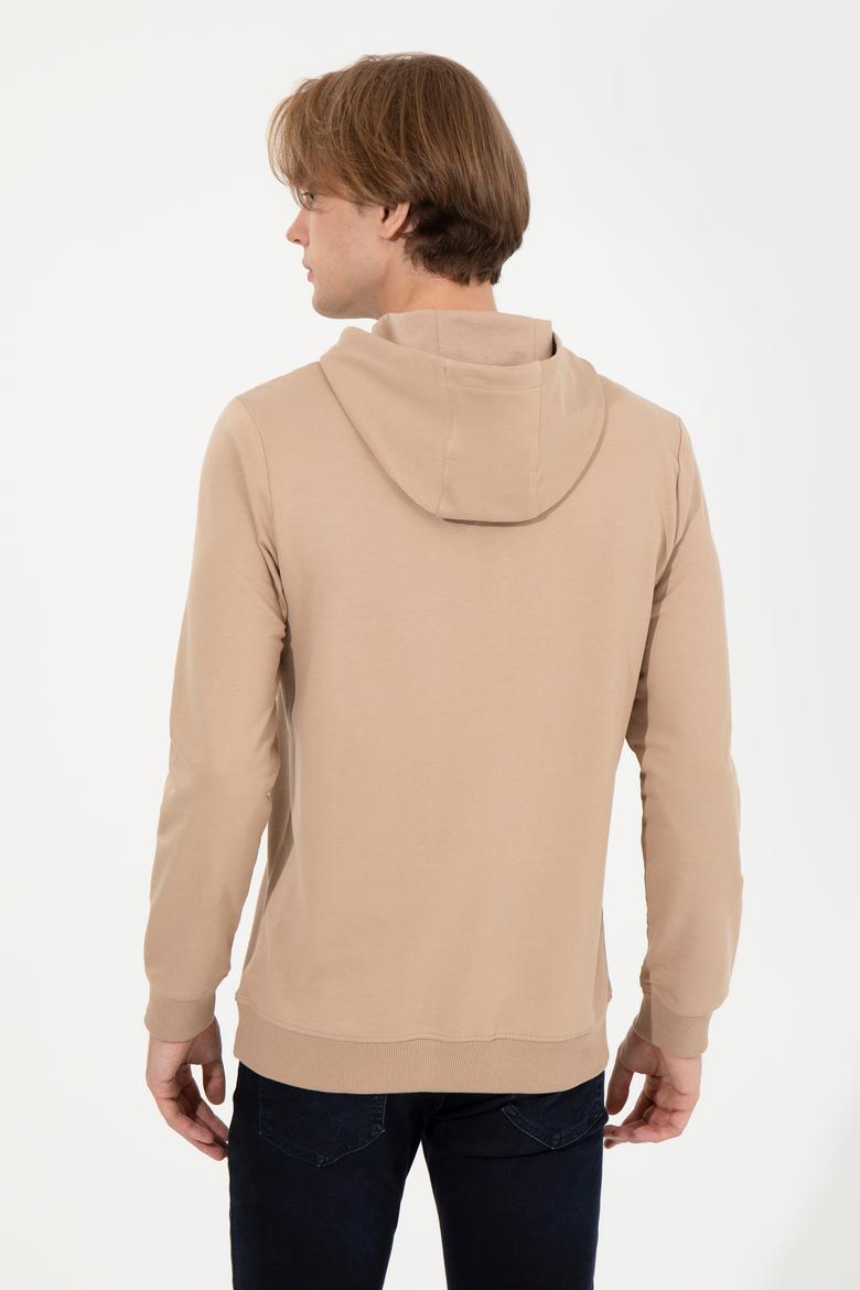 Erkek Camel Kapüşonlu Basic Sweatshirt - 50257225106