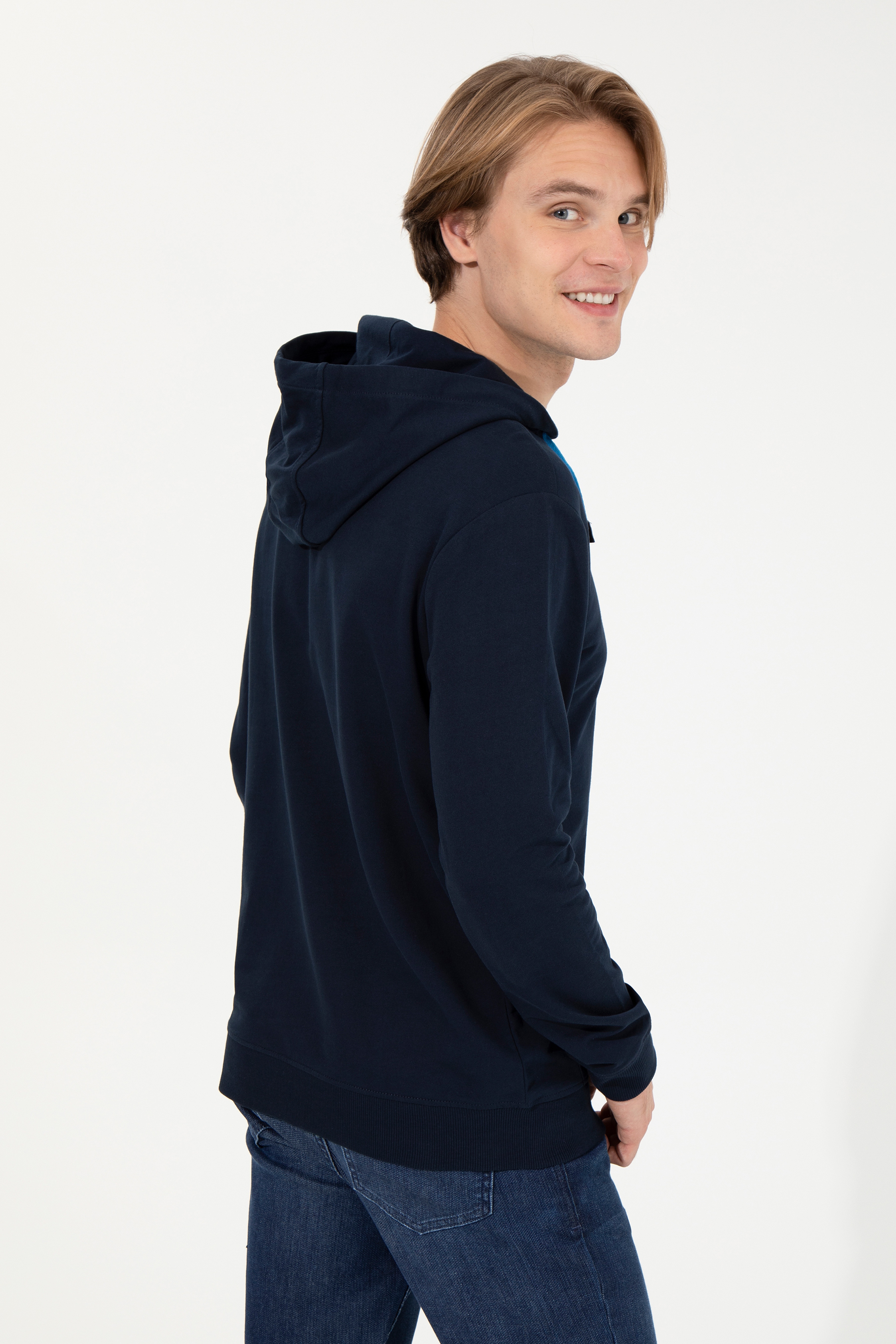 Erkek Lacivert Kapüşonlu Basic Sweatshirt - Image 5