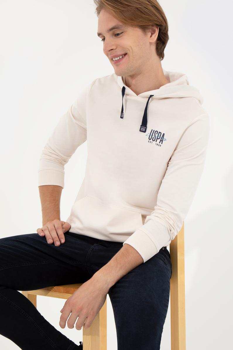 Erkek Ekru Kapüşonlu Basic Sweatshirt