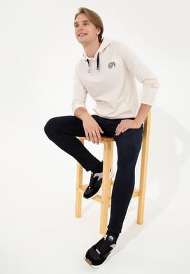 Erkek Ekru Kapüşonlu Basic Sweatshirt - 50257225124