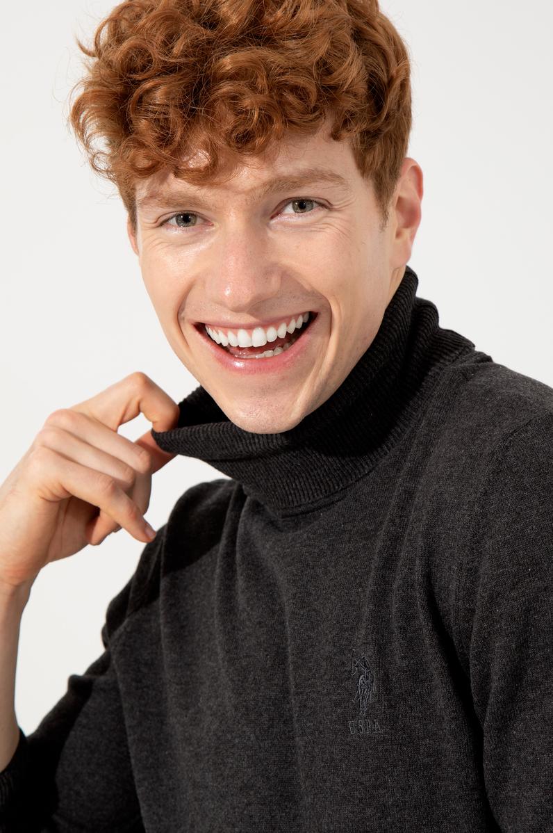 Erkek Antrasit Melanj Balıkçı Yaka Basic Triko Kazak