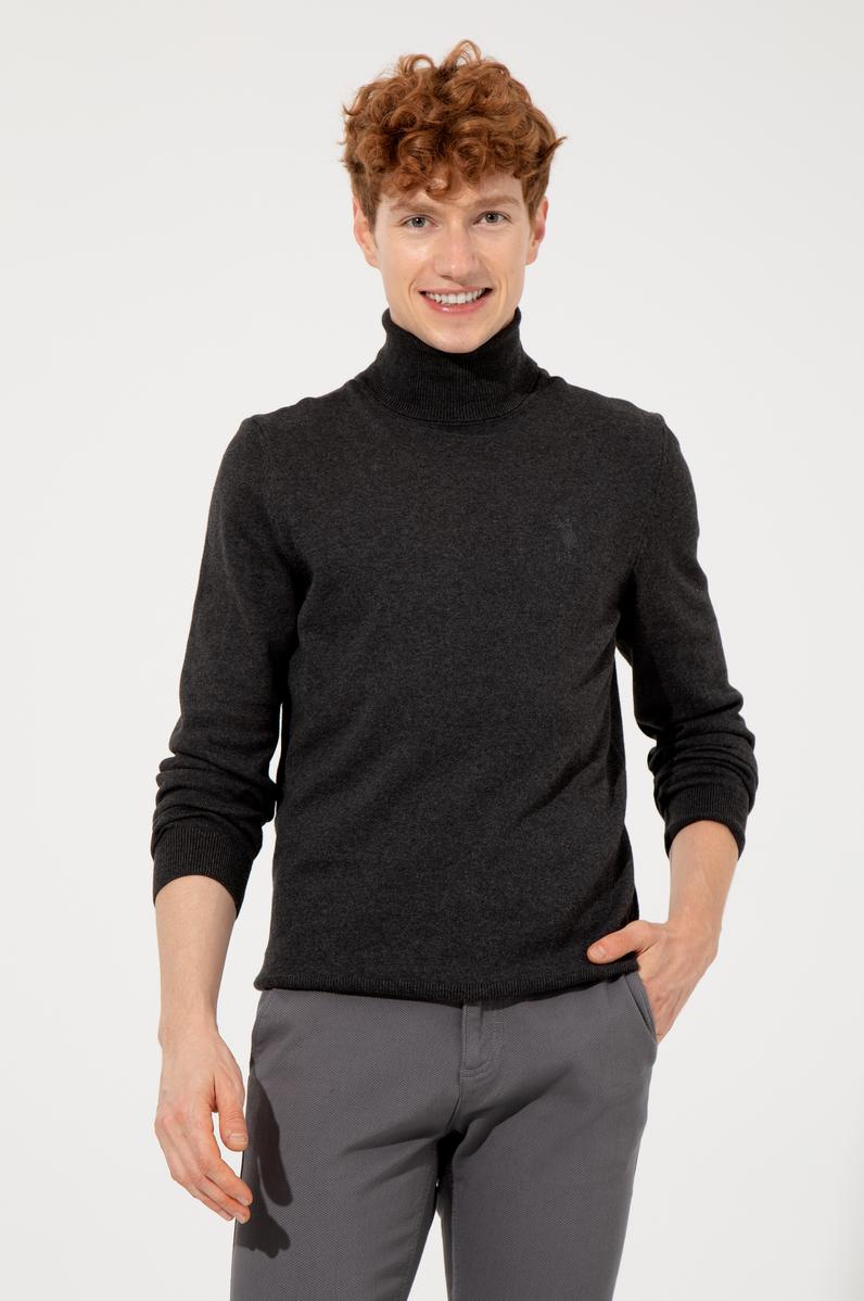 Erkek Antrasit Melanj Balıkçı Yaka Basic Triko Kazak