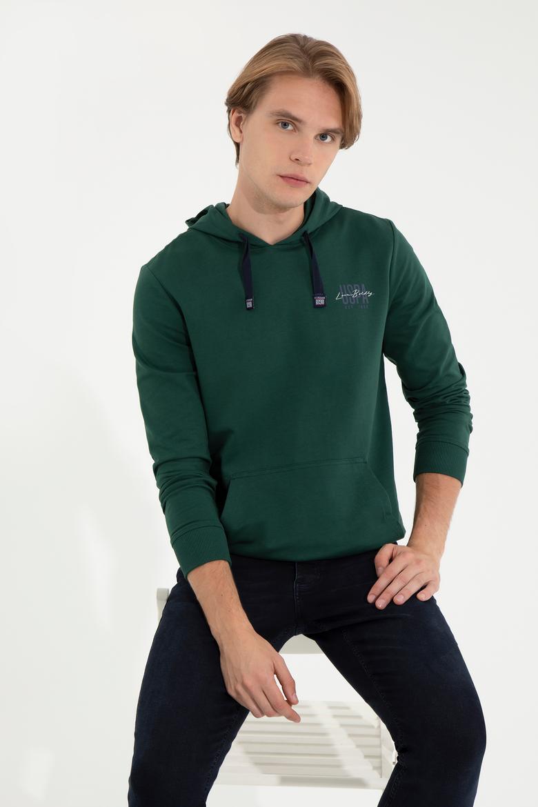 Erkek Yeşil Kapüşonlu Basic Sweatshirt