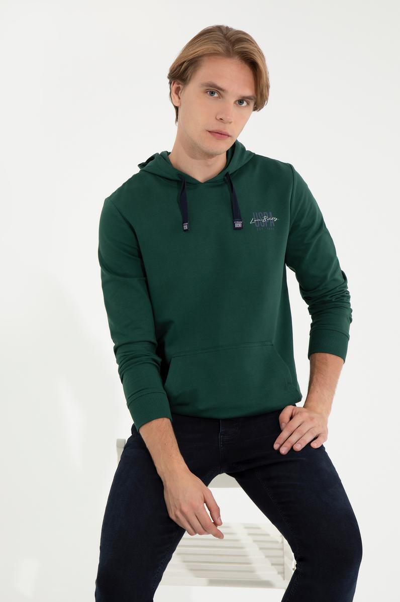 Erkek Yeşil Kapüşonlu Basic Sweatshirt