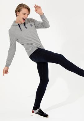 Erkek Gri Melanj Kapüşonlu Basic Sweatshirt - 50257225069