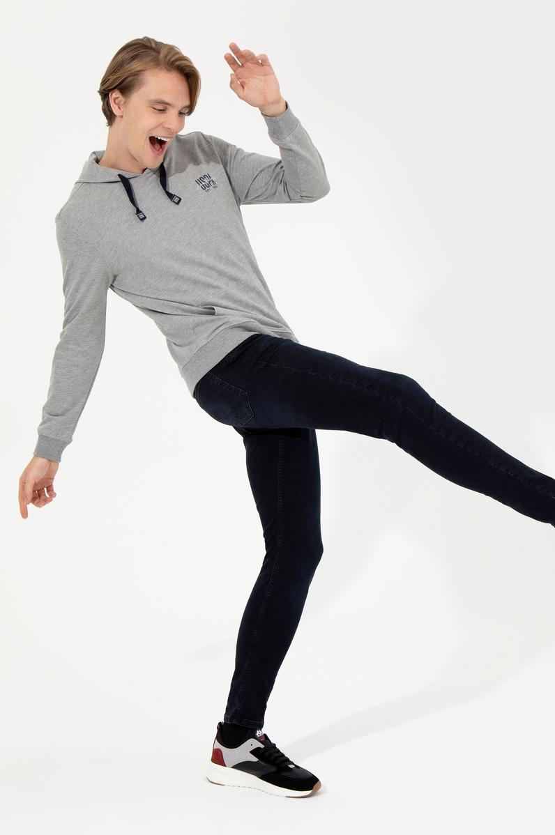 Erkek Gri Melanj Kapüşonlu Basic Sweatshirt