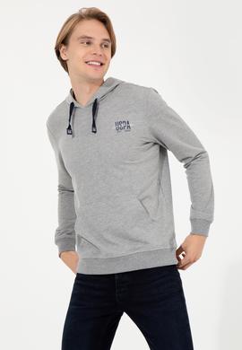 Erkek Gri Melanj Kapüşonlu Basic Sweatshirt - 50257225069