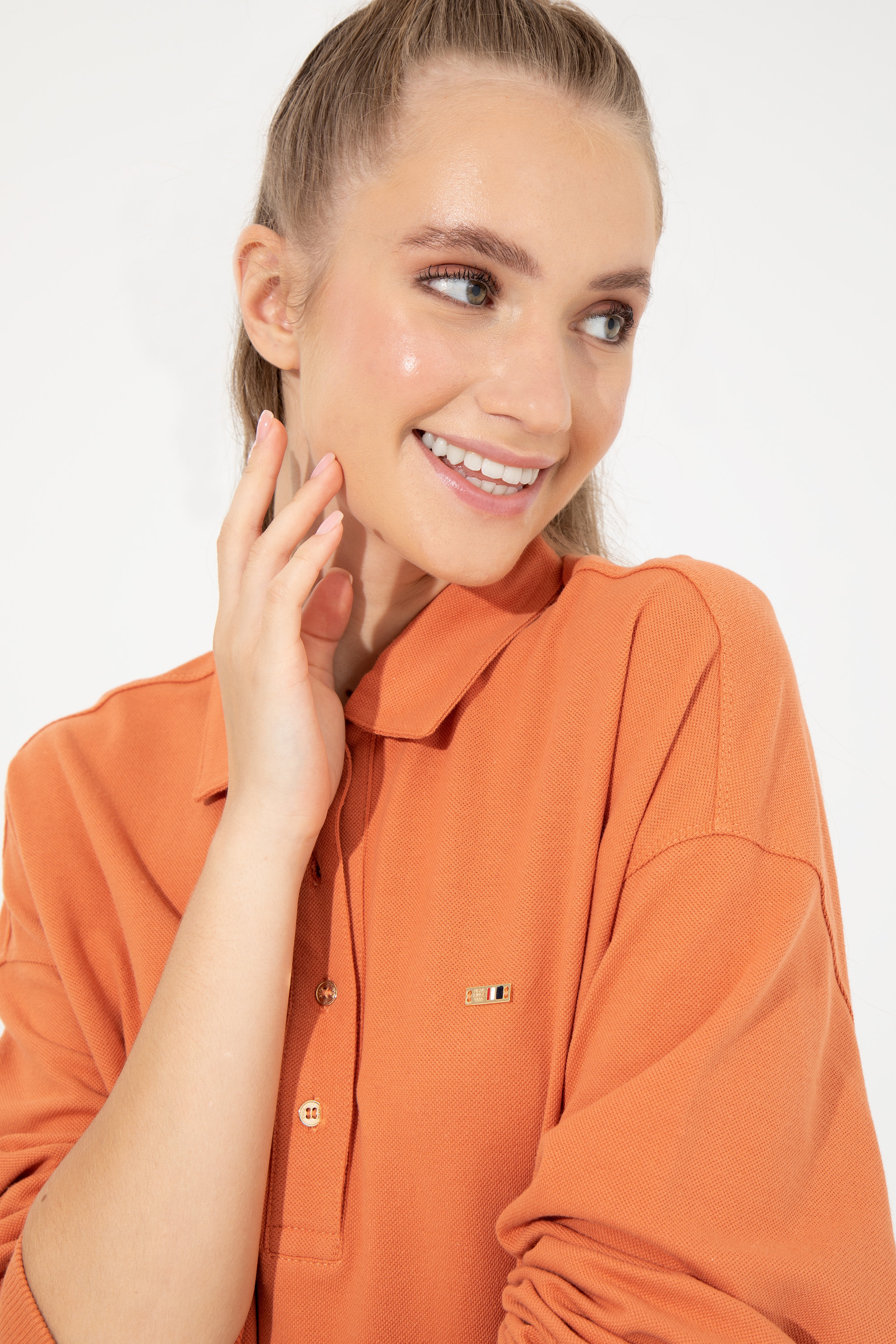 Kadın Kiremit Polo Yaka Sweatshirt - Image 3