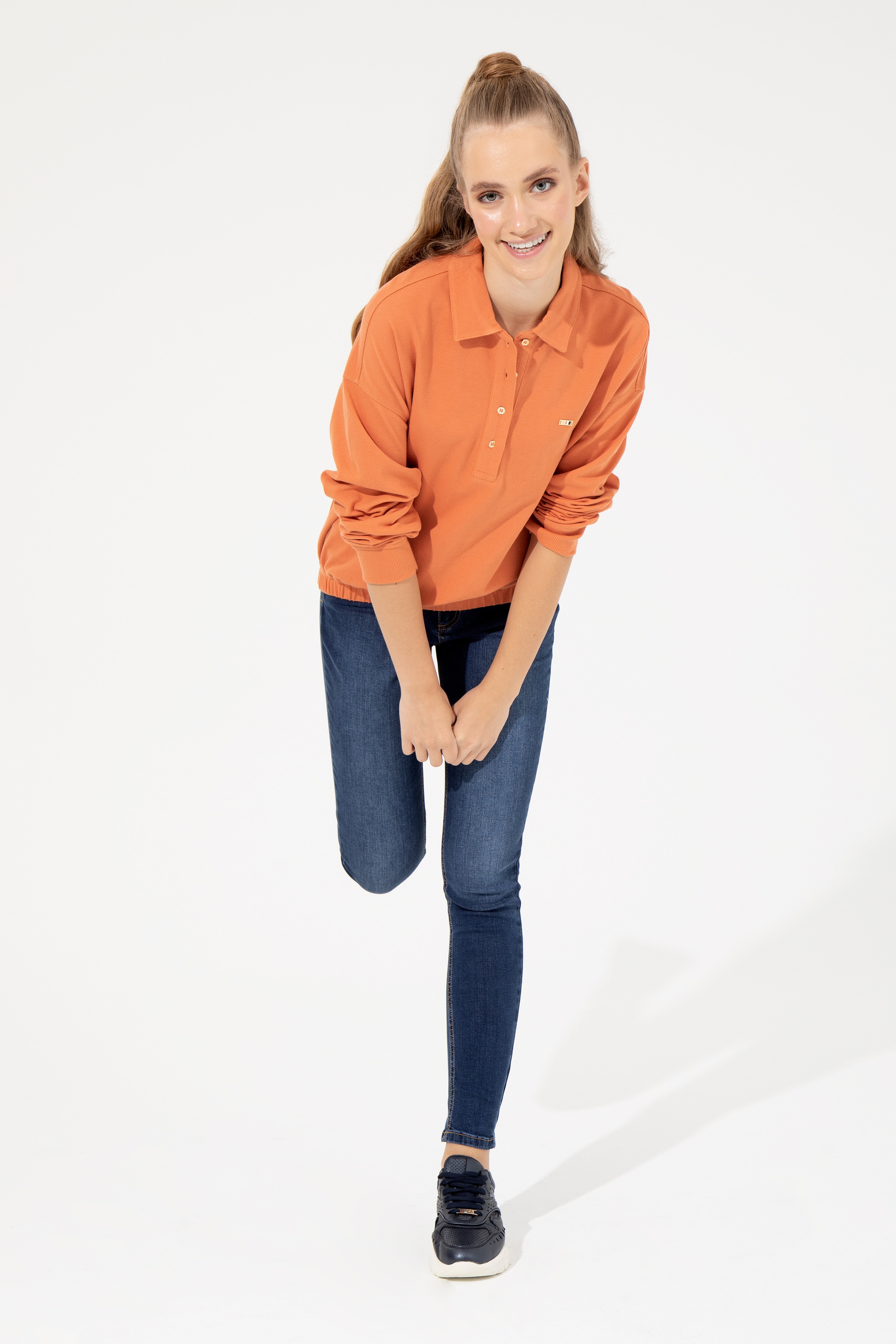 Kadın Kiremit Polo Yaka Sweatshirt - Image 1