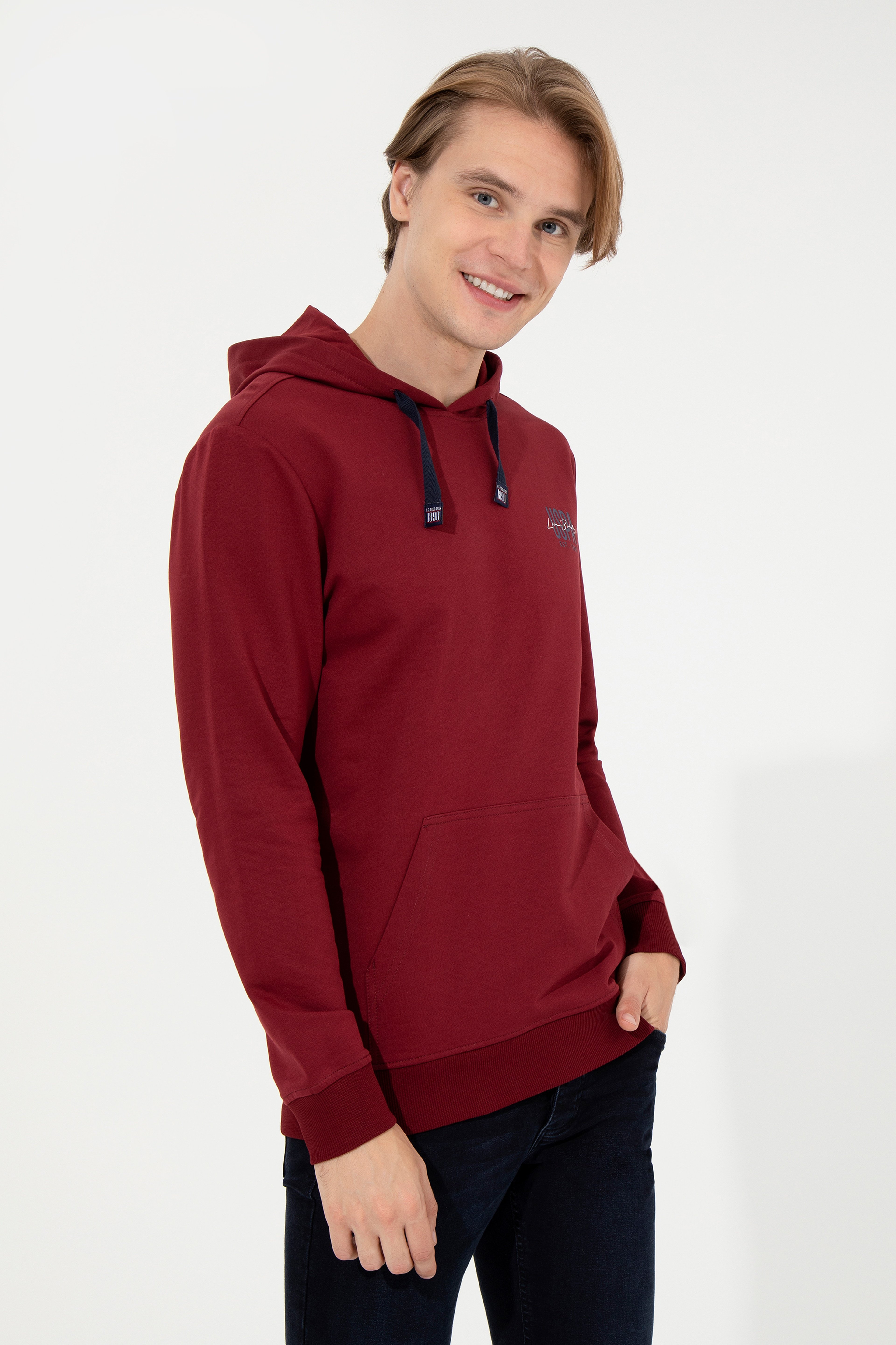 Erkek Vişne Kapüşonlu Basic Sweatshirt - Image 3
