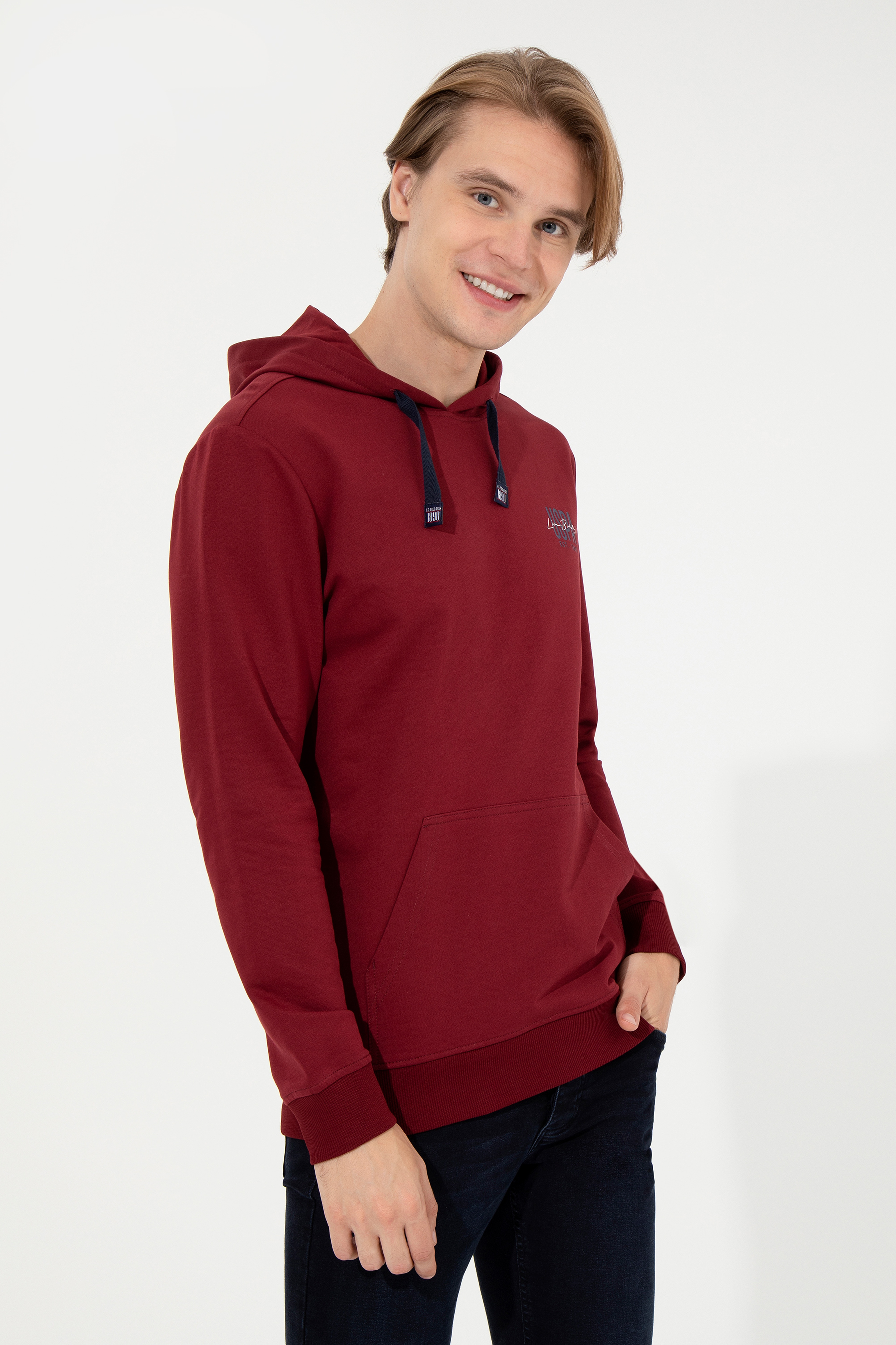 Erkek Vişne Kapüşonlu Basic Sweatshirt