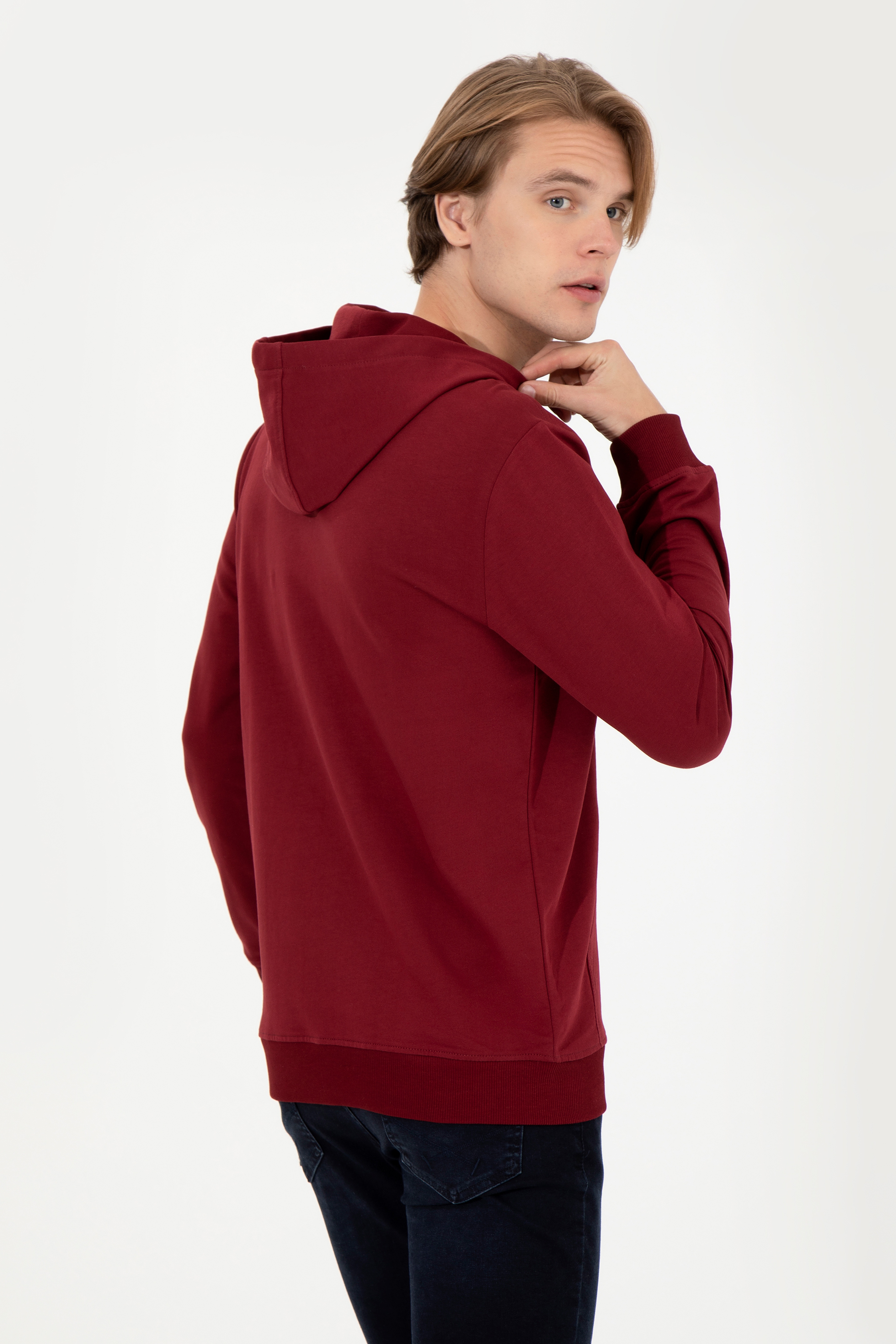 Erkek Vişne Kapüşonlu Basic Sweatshirt
