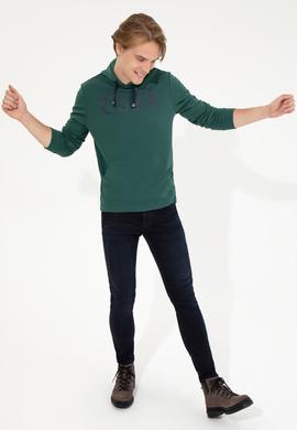 Erkek Yeşil Kapüşonlu Basic Sweatshirt - 50257164050