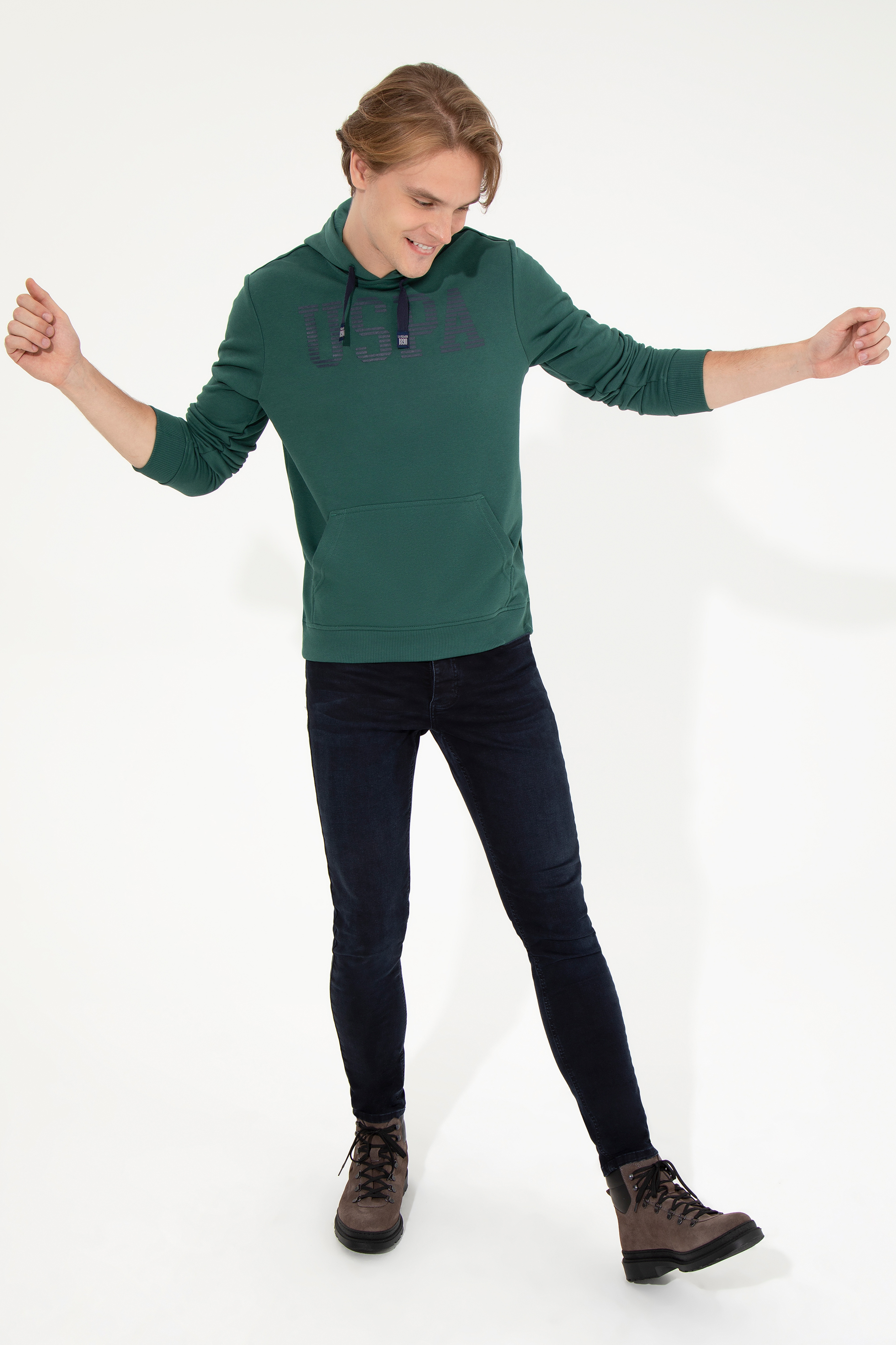 Erkek Yeşil Kapüşonlu Basic Sweatshirt