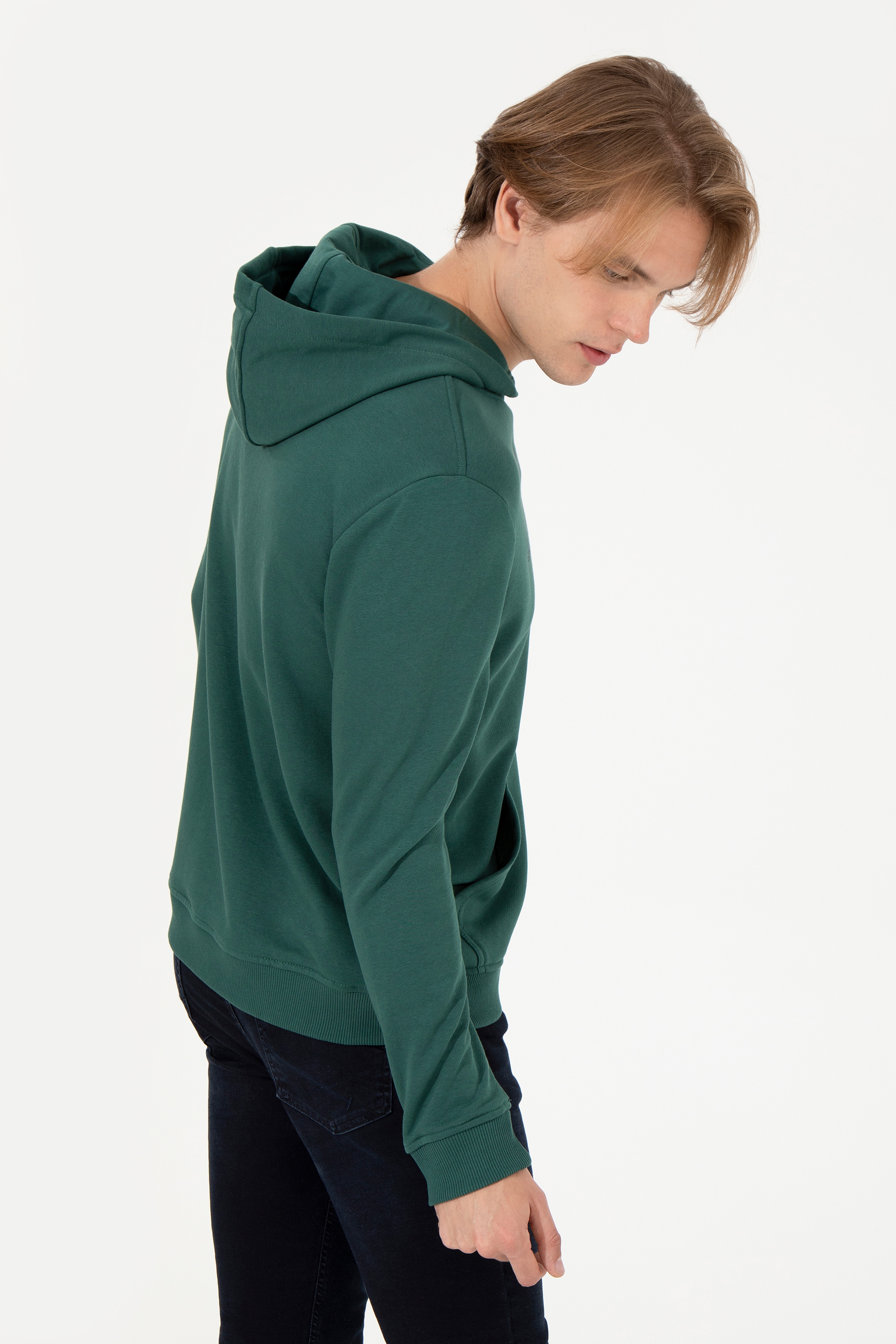 Erkek Yeşil Kapüşonlu Basic Sweatshirt