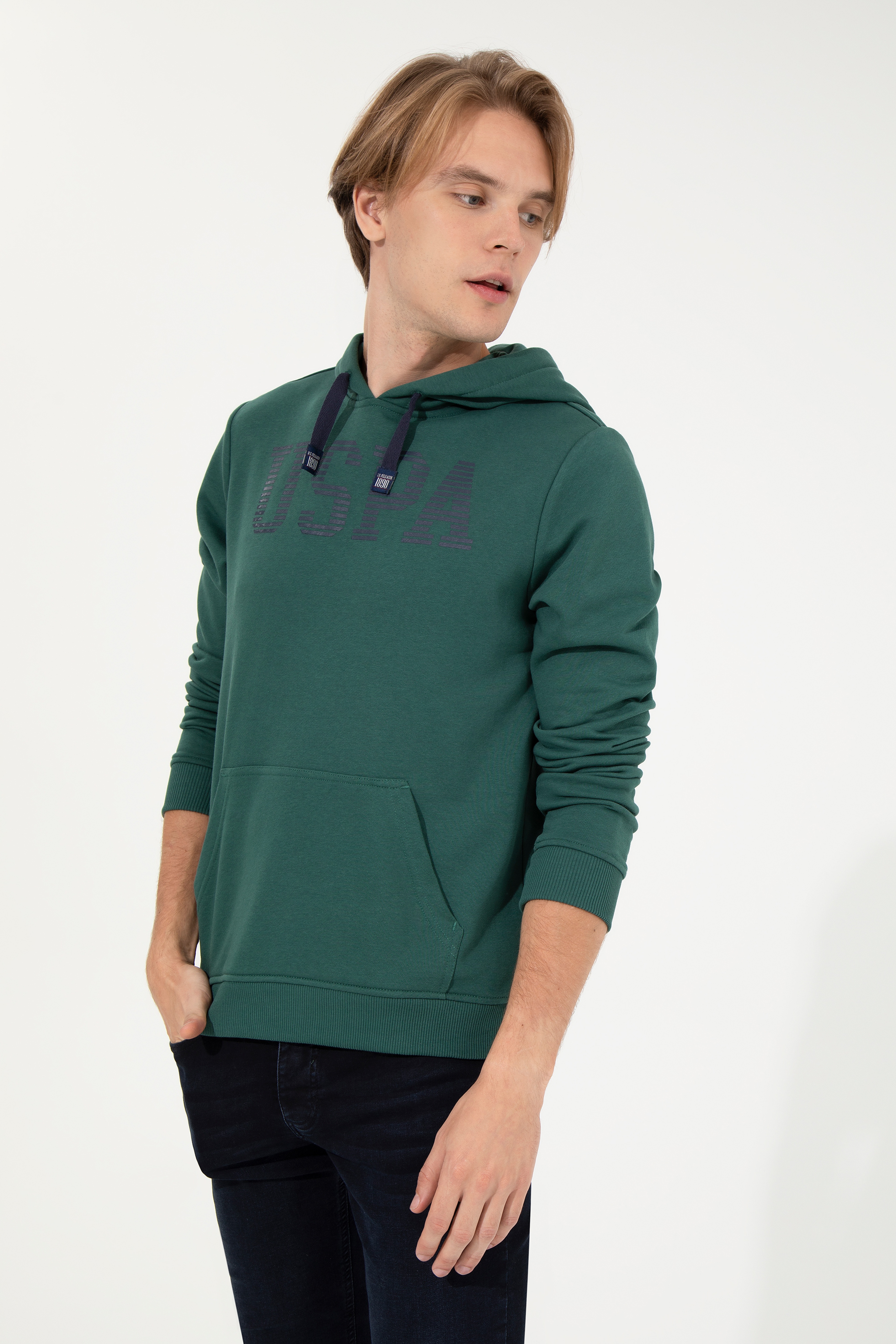 Erkek Yeşil Kapüşonlu Basic Sweatshirt - Image 2
