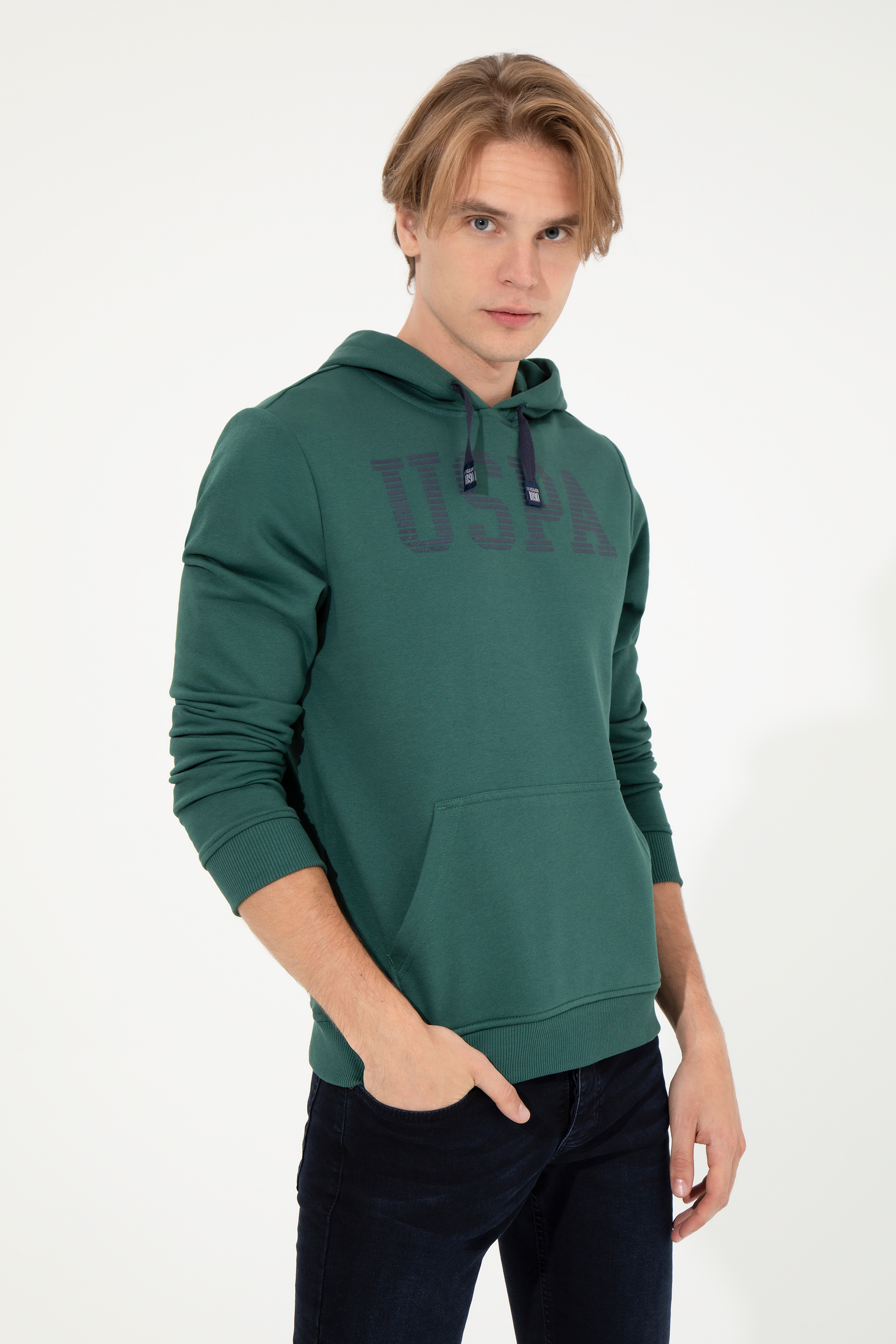 Erkek Yeşil Kapüşonlu Basic Sweatshirt - Image 1