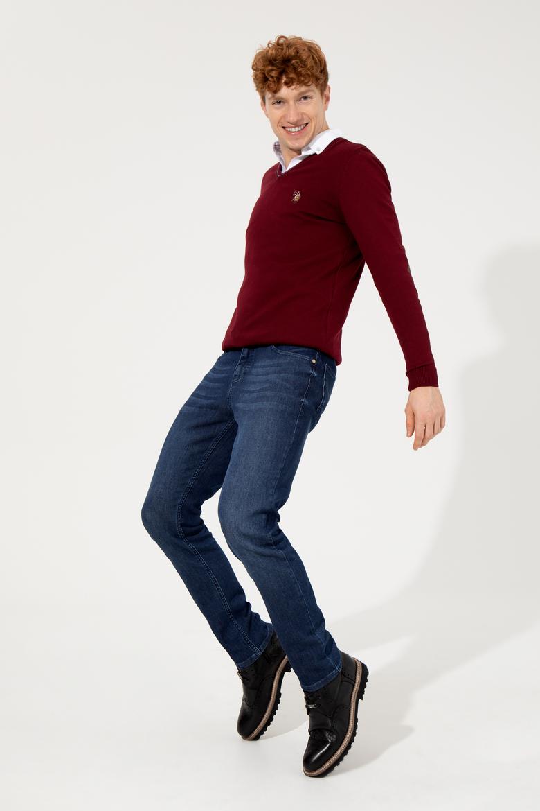 Erkek Bordo V Yaka Basic Triko Kazak - 50251886035