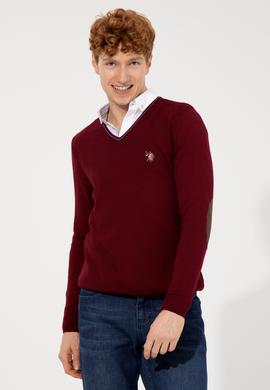 Erkek Bordo V Yaka Basic Triko Kazak - 50251886035