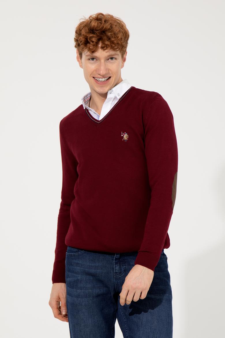 Erkek Bordo V Yaka Basic Triko Kazak - 50251886035