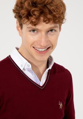 Erkek Bordo V Yaka Basic Triko Kazak - 50251886035