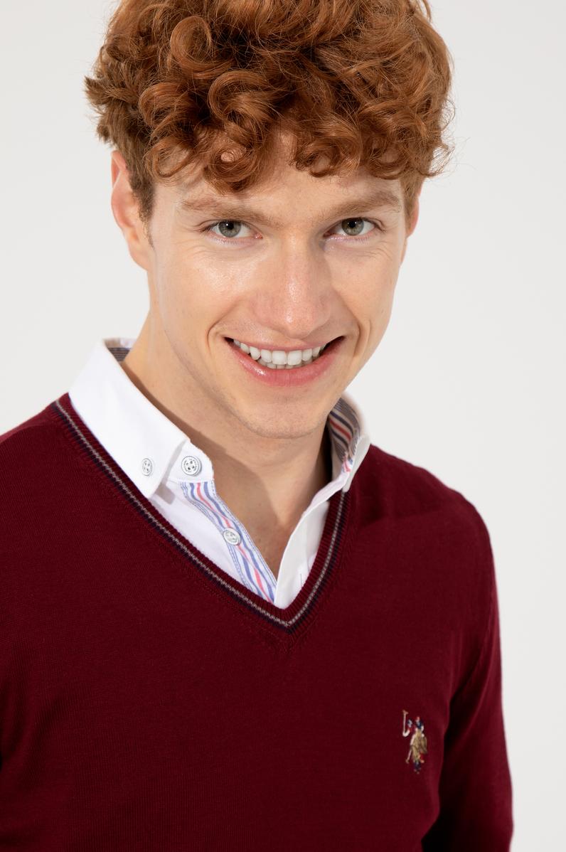 Erkek Bordo V Yaka Basic Triko Kazak