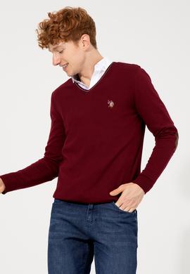 Erkek Bordo V Yaka Basic Triko Kazak - 50251886035