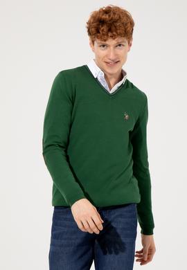 Erkek Yeşil V Yaka Basic Triko Kazak - 50251886062