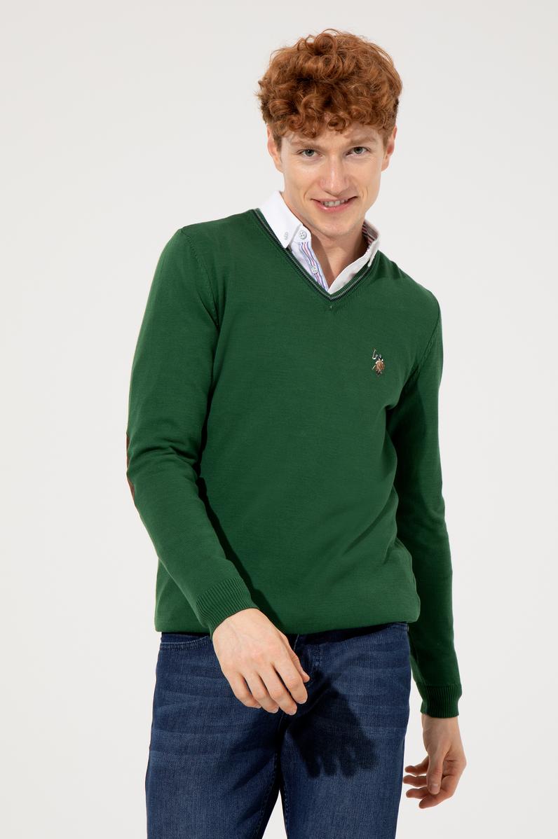 Erkek Yeşil V Yaka Basic Triko Kazak