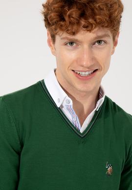 Erkek Yeşil V Yaka Basic Triko Kazak - 50251886062