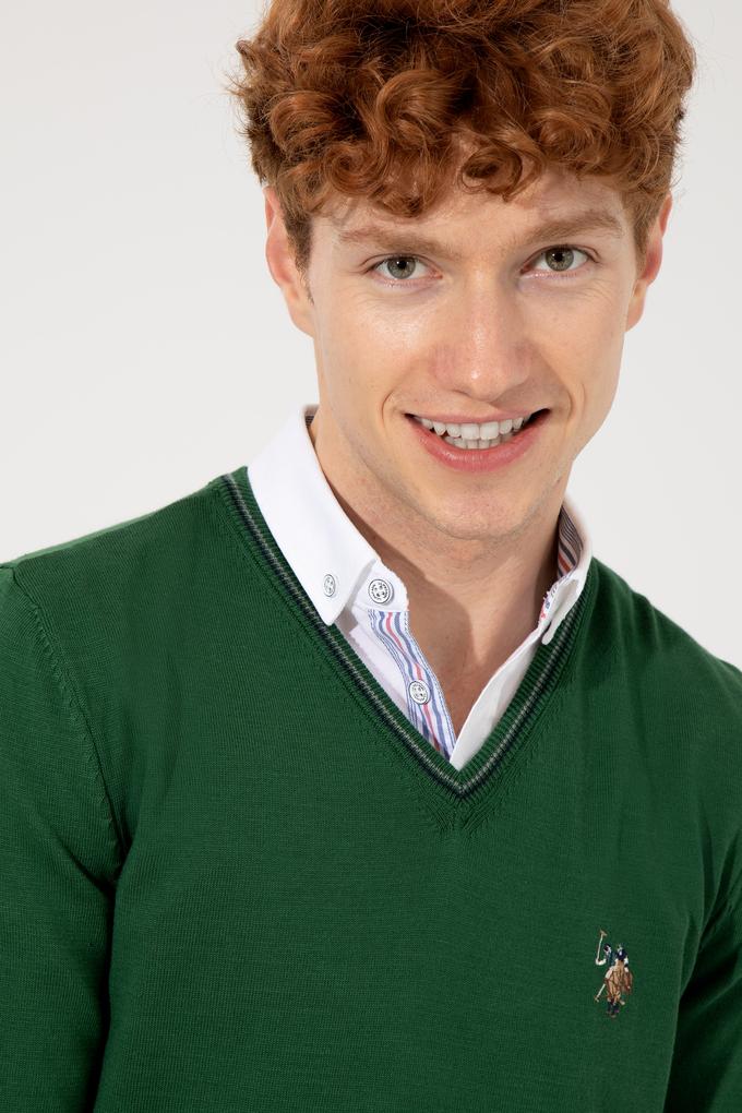 Erkek Yeşil V Yaka Basic Triko Kazak