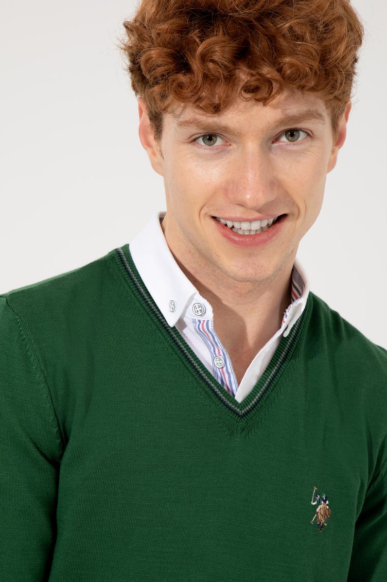 Erkek Yeşil V Yaka Basic Triko Kazak