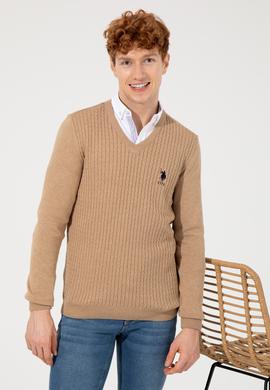 Erkek Camel Melanj V Yaka Basic Triko Kazak - 50253444034