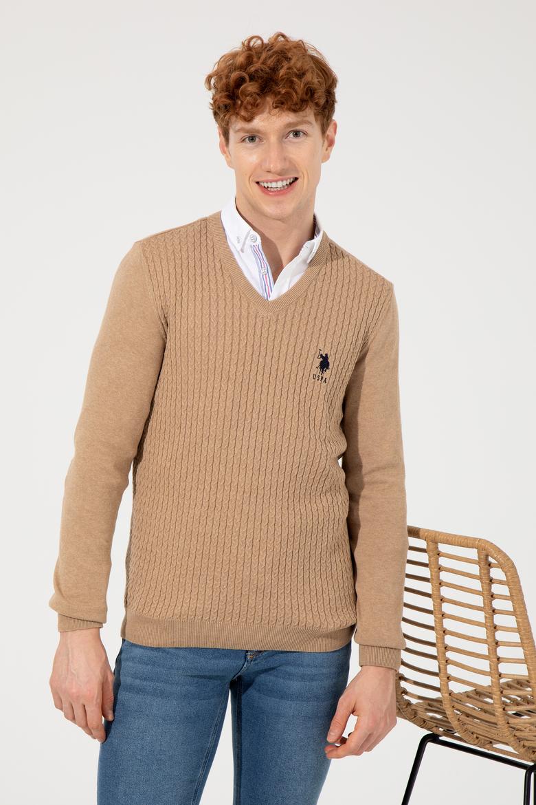 Erkek Camel Melanj V Yaka Basic Triko Kazak - 50253444034