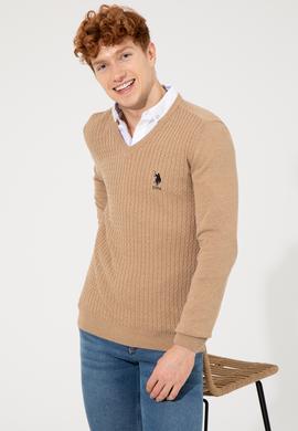 Erkek Camel Melanj V Yaka Basic Triko Kazak - 50253444034