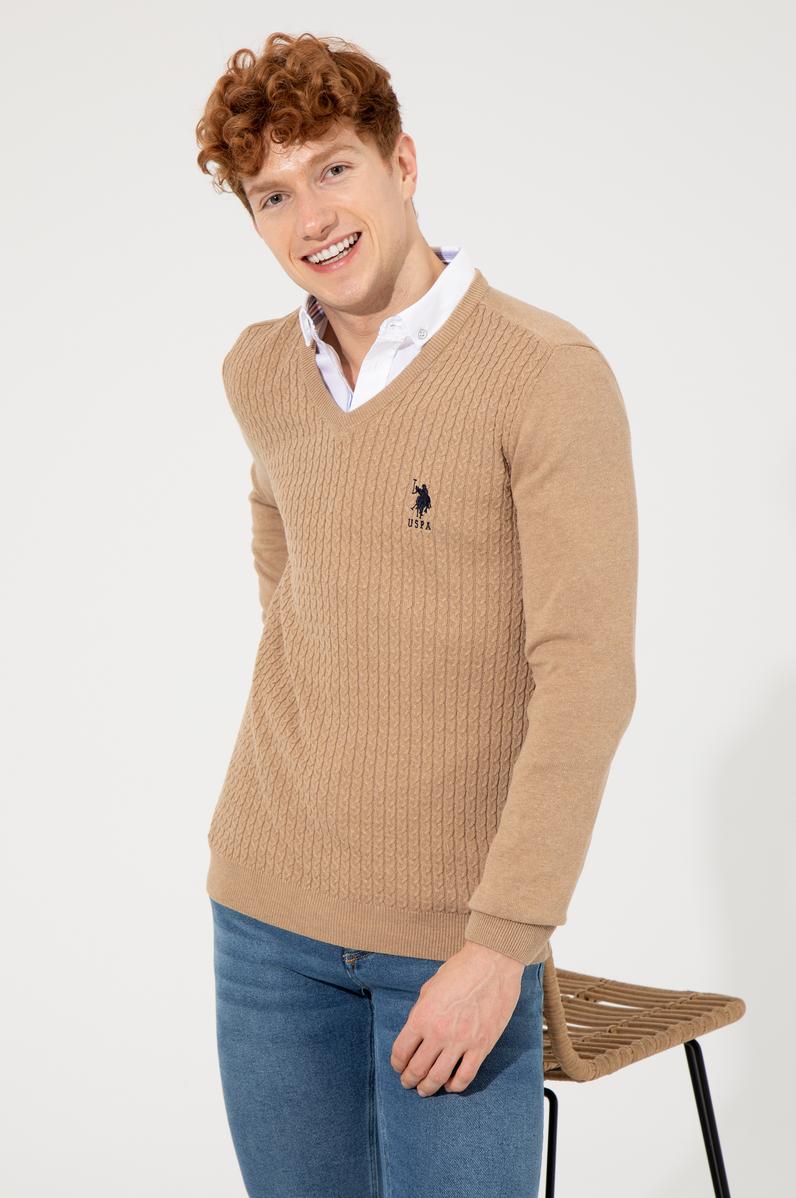 Erkek Camel Melanj V Yaka Basic Triko Kazak