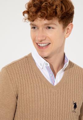 Erkek Camel Melanj V Yaka Basic Triko Kazak - 50253444034